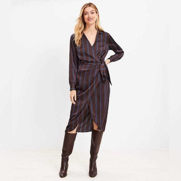 LOFT Dresses & Skirts - Loft Striped Satin Midi Wrap Dress
